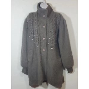 Connie A. Lee Angora Button Down Sweater Coat Jacket Gray Lavender Beading M/L